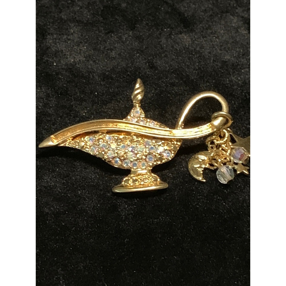 Kirks Folly Genie Magic Lamp Brooch Gold Tone AB Crystal Moon Star Charms
